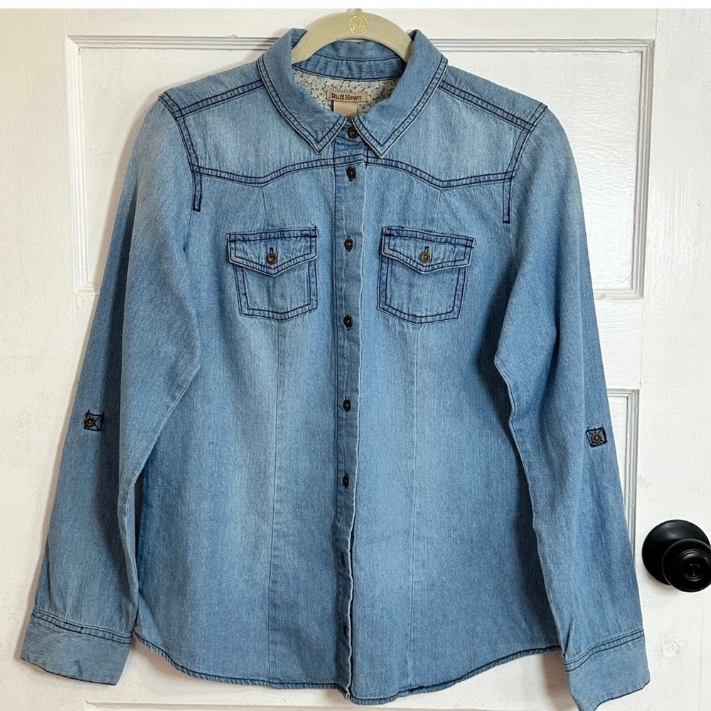 RuffHewn Light Wash Denim Western Button Down Shirt Roll Tab Sleeve Womens Med